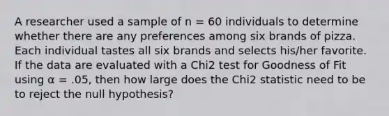 A researcher used a sample of n = 60 individuals to determine whether there are any preferences among six brands of pizza. Each individual tastes all six brands and selects his/her favorite. If the data are evaluated with a Chi2 test for Goodness of Fit using α = .05, then how large does the Chi2 statistic need to be to reject the null hypothesis?