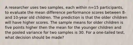 A researcher uses two samples, each within n=15 participants, to evaluate the mean difference performance scores between 8- and 10-year old children. The prediction is that the older children will have higher scores. The sample means for older children is five points higher then the mean for the younger children and the pooled variance for two samples is 30. For a one-tailed test, what decision should be made?