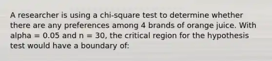 A researcher is using a chi-square test to determine whether there are any preferences among 4 brands of orange juice. With alpha = 0.05 and n = 30, the critical region for the hypothesis test would have a boundary of: