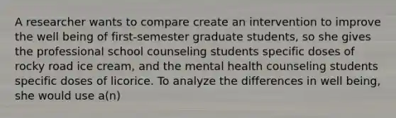 A researcher wants to compare create an intervention to improve the well being of first-semester graduate students, so she gives the professional school counseling students specific doses of rocky road ice cream, and the mental health counseling students specific doses of licorice. To analyze the differences in well being, she would use a(n)