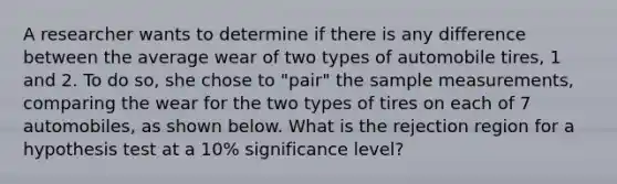 A researcher wants to determine if there is any difference between the average wear of two types of automobile tires, 1 and 2. To do so, she chose to "pair" the sample measurements, comparing the wear for the two types of tires on each of 7 automobiles, as shown below. What is the rejection region for a hypothesis test at a 10% significance level?