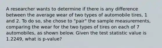 A researcher wants to determine if there is any difference between the average wear of two types of automobile tires, 1 and 2. To do so, she chose to "pair" the sample measurements, comparing the wear for the two types of tires on each of 7 automobiles, as shown below. Given the test statistic value is 1.2249, what is p-value?