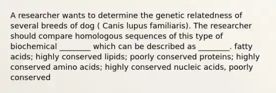 A researcher wants to determine the genetic relatedness of several breeds of dog ( Canis lupus familiaris). The researcher should compare homologous sequences of this type of biochemical ________ which can be described as ________. fatty acids; highly conserved lipids; poorly conserved proteins; highly conserved amino acids; highly conserved nucleic acids, poorly conserved