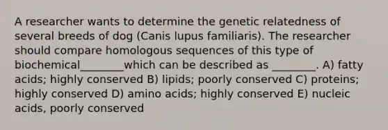 A researcher wants to determine the genetic relatedness of several breeds of dog (Canis lupus familiaris). The researcher should compare homologous sequences of this type of biochemical________which can be described as ________. A) fatty acids; highly conserved B) lipids; poorly conserved C) proteins; highly conserved D) amino acids; highly conserved E) nucleic acids, poorly conserved