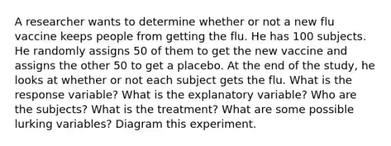 A researcher wants to determine whether or not a new flu vaccine keeps people from getting the flu. He has 100 subjects. He randomly assigns 50 of them to get the new vaccine and assigns the other 50 to get a placebo. At the end of the study, he looks at whether or not each subject gets the flu. What is the response variable? What is the explanatory variable? Who are the subjects? What is the treatment? What are some possible lurking variables? Diagram this experiment.