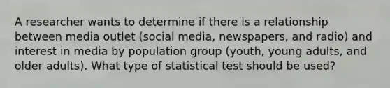 A researcher wants to determine if there is a relationship between media outlet (social media, newspapers, and radio) and interest in media by population group (youth, young adults, and older adults). What type of statistical test should be used?