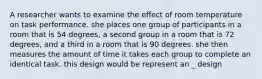 A researcher wants to examine the effect of room temperature on task performance. she places one group of participants in a room that is 54 degrees, a second group in a room that is 72 degrees, and a third in a room that is 90 degrees. she then measures the amount of time it takes each group to complete an identical task. this design would be represent an _ design