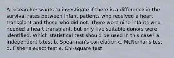 A researcher wants to investigate if there is a difference in the survival rates between infant patients who received a heart transplant and those who did not. There were nine infants who needed a heart transplant, but only five suitable donors were identified. Which statistical test should be used in this case? a. Independent t-test b. Spearman's correlation c. McNemar's test d. Fisher's exact test e. Chi-square test