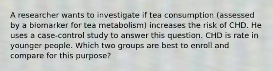 A researcher wants to investigate if tea consumption (assessed by a biomarker for tea metabolism) increases the risk of CHD. He uses a case-control study to answer this question. CHD is rate in younger people. Which two groups are best to enroll and compare for this purpose?