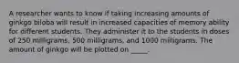 A researcher wants to know if taking increasing amounts of ginkgo biloba will result in increased capacities of memory ability for different students. They administer it to the students in doses of 250 milligrams, 500 milligrams, and 1000 milligrams. The amount of ginkgo will be plotted on _____.