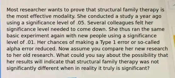 Most researcher wants to prove that structural family therapy is the most effective modality. She conducted a study a year ago using a significance level of .05. Several colleagues felt her significance level needed to come down. She thus ran the same basic experiment again with new people using a significance level of .01. Her chances of making a Type 1 error or so-called alpha error reduced. Now assume you compare her new research to her old research. What could you say about the possibility that her results will indicate that structural family therapy was not significantly different when in reality it truly is significant?