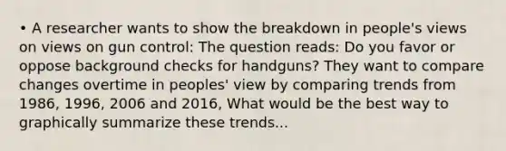 • A researcher wants to show the breakdown in people's views on views on gun control: The question reads: Do you favor or oppose background checks for handguns? They want to compare changes overtime in peoples' view by comparing trends from 1986, 1996, 2006 and 2016, What would be the best way to graphically summarize these trends...