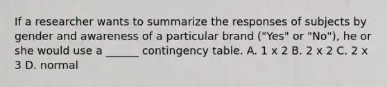 If a researcher wants to summarize the responses of subjects by gender and awareness of a particular brand ("Yes" or "No"), he or she would use a ______ contingency table. A. 1 x 2 B. 2 x 2 C. 2 x 3 D. normal