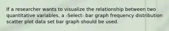 If a researcher wants to visualize the relationship between two quantitative variables, a -Select- bar graph frequency distribution scatter plot data set bar graph should be used.