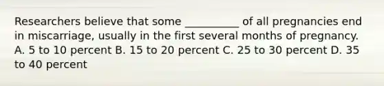 Researchers believe that some __________ of all pregnancies end in miscarriage, usually in the first several months of pregnancy. A. 5 to 10 percent B. 15 to 20 percent C. 25 to 30 percent D. 35 to 40 percent