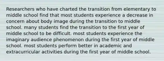 Researchers who have charted the transition from elementary to middle school find that most students experience a decrease in concern about body image during the transition to middle school. many students find the transition to the first year of middle school to be difficult. most students experience the imaginary audience phenomenon during the first year of middle school. most students perform better in academic and extracurricular activities during the first year of middle school.