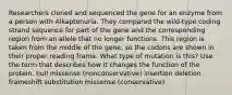 Researchers cloned and sequenced the gene for an enzyme from a person with Alkaptonuria. They compared the wild-type coding strand sequence for part of the gene and the corresponding region from an allele that no longer functions. This region is taken from the middle of the gene, so the codons are shown in their proper reading frame. What type of mutation is this? Use the term that describes how it changes the function of the protein. null missense (nonconservative) insertion deletion frameshift substitution missense (conservative)