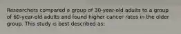 Researchers compared a group of 30-year-old adults to a group of 60-year-old adults and found higher cancer rates in the older group. This study is best described as: