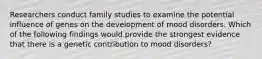 Researchers conduct family studies to examine the potential influence of genes on the development of mood disorders. Which of the following findings would provide the strongest evidence that there is a genetic contribution to mood disorders?