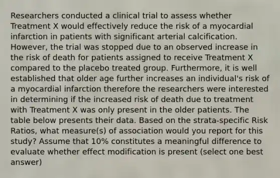 Researchers conducted a clinical trial to assess whether Treatment X would effectively reduce the risk of a myocardial infarction in patients with significant arterial calcification. However, the trial was stopped due to an observed increase in the risk of death for patients assigned to receive Treatment X compared to the placebo treated group. Furthermore, it is well established that older age further increases an individual's risk of a myocardial infarction therefore the researchers were interested in determining if the increased risk of death due to treatment with Treatment X was only present in the older patients. The table below presents their data. Based on the strata-specific Risk Ratios, what measure(s) of association would you report for this study? Assume that 10% constitutes a meaningful difference to evaluate whether effect modification is present (select one best answer)