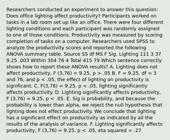 Researchers conducted an experiment to answer this question: Does office lighting affect productivity? Participants worked on tasks in a lab room set up like an office. There were four different lighting conditions and each participant was randomly assigned to one of those conditions. Productivity was measured by scoring completion of tasks on a computer. Researchers used SPSS to analyze the productivity scores and reported the following ANOVA summary table. Source SS df MS F Sig. Lighting 111 3 37 9.25 .003 Within 304 76 4 Total 415 79 Which sentence correctly shows how to report these ANOVA results? A. Lighting does not affect productivity, F (3,76) = 9.25, p > .05 B. F = 9.25, df = 3 and 76, and p < .05, the effect of lighting on productivity is significant. C. F(3,76) = 9.25, p < .05, lighting significantly affects productivity. D. Lighting significantly affects productivity, F (3,76) = 9.25, p < .05. E. Sig is probability, and because the probability is lower than alpha, we reject the null hypothesis that lighting does not effect productivity. We conclude that lighting has a significant effect on productivity as indicated by all the results of the analysis of variance. F. Lighting significantly affects productivity, F (3,76) = 9.25, p < .05, eta squared = .27