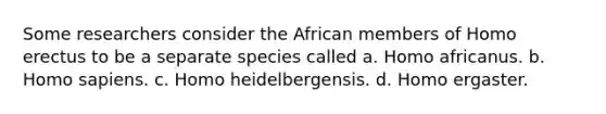 Some researchers consider the African members of Homo erectus to be a separate species called a. Homo africanus. b. Homo sapiens. c. Homo heidelbergensis. d. Homo ergaster.