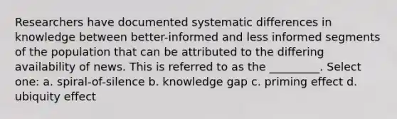 Researchers have documented systematic differences in knowledge between better-informed and less informed segments of the population that can be attributed to the differing availability of news. This is referred to as the _________. Select one: a. spiral-of-silence b. knowledge gap c. priming effect d. ubiquity effect