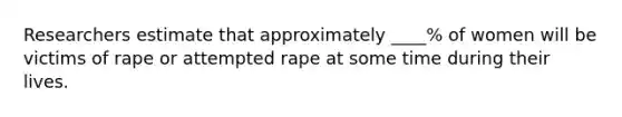 Researchers estimate that approximately ____% of women will be victims of rape or attempted rape at some time during their lives.