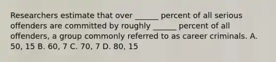 Researchers estimate that over ______ percent of all serious offenders are committed by roughly ______ percent of all offenders, a group commonly referred to as career criminals. A. 50, 15 B. 60, 7 C. 70, 7 D. 80, 15