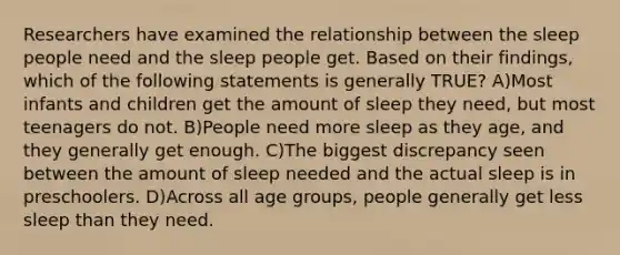 Researchers have examined the relationship between the sleep people need and the sleep people get. Based on their findings, which of the following statements is generally TRUE? A)Most infants and children get the amount of sleep they need, but most teenagers do not. B)People need more sleep as they age, and they generally get enough. C)The biggest discrepancy seen between the amount of sleep needed and the actual sleep is in preschoolers. D)Across all age groups, people generally get less sleep than they need.