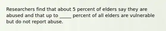 Researchers find that about 5 percent of elders say they are abused and that up to _____ percent of all elders are vulnerable but do not report abuse.