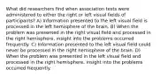 What did researchers find when association tests were administered to either the right or left visual fields of participants? A) Information presented to the left visual field is processed in the left hemisphere of the brain. B) When the problem was presented in the right visual field and processed in the right hemisphere, insight into the problems occurred frequently. C) Information presented to the left visual field could never be processed in the right hemisphere of the brain. D) When the problem was presented in the left visual field and processed in the right hemisphere, insight into the problems occurred frequently.