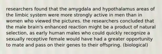 researchers found that the amygdala and hypothalamus areas of the limbic system were more strongly active in men than in women who viewed the pictures. the researchers concluded that the male brain's enhanced reaction might be a product of natural selection, as early human males who could quickly recognize a sexually receptive female would have had a greater opportunity to mate and pass on their genes to their offspring. (biological)