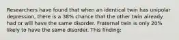 Researchers have found that when an identical twin has unipolar depression, there is a 38% chance that the other twin already had or will have the same disorder. Fraternal twin is only 20% likely to have the same disorder. This finding: