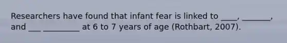 Researchers have found that infant fear is linked to ____, _______, and ___ _________ at 6 to 7 years of age (Rothbart, 2007).