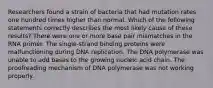 Researchers found a strain of bacteria that had mutation rates one hundred times higher than normal. Which of the following statements correctly describes the most likely cause of these results? There were one or more base pair mismatches in the RNA primer. The single-strand binding proteins were malfunctioning during DNA replication. The DNA polymerase was unable to add bases to the growing nucleic acid chain. The proofreading mechanism of DNA polymerase was not working properly.