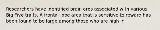 Researchers have identified brain ares associated with various Big Five traits. A frontal lobe area that is sensitive to reward has been found to be large among those who are high in