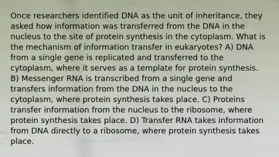 Once researchers identified DNA as the unit of inheritance, they asked how information was transferred from the DNA in the nucleus to the site of protein synthesis in the cytoplasm. What is the mechanism of information transfer in eukaryotes? A) DNA from a single gene is replicated and transferred to the cytoplasm, where it serves as a template for protein synthesis. B) Messenger RNA is transcribed from a single gene and transfers information from the DNA in the nucleus to the cytoplasm, where protein synthesis takes place. C) Proteins transfer information from the nucleus to the ribosome, where protein synthesis takes place. D) Transfer RNA takes information from DNA directly to a ribosome, where protein synthesis takes place.