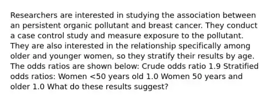 Researchers are interested in studying the association between an persistent organic pollutant and breast cancer. They conduct a case control study and measure exposure to the pollutant. They are also interested in the relationship specifically among older and younger women, so they stratify their results by age. The odds ratios are shown below: Crude odds ratio 1.9 Stratified odds ratios: Women <50 years old 1.0 Women 50 years and older 1.0 What do these results suggest?