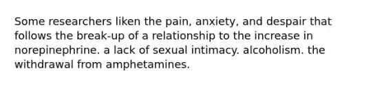 Some researchers liken the pain, anxiety, and despair that follows the break-up of a relationship to the increase in norepinephrine. a lack of sexual intimacy. alcoholism. the withdrawal from amphetamines.