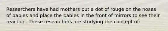 Researchers have had mothers put a dot of rouge on the noses of babies and place the babies in the front of mirrors to see their reaction. These researchers are studying the concept of: