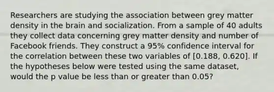 Researchers are studying the association between grey matter density in the brain and socialization. From a sample of 40 adults they collect data concerning grey matter density and number of Facebook friends. They construct a 95% confidence interval for the correlation between these two variables of [0.188, 0.620]. If the hypotheses below were tested using the same dataset, would the p value be less than or greater than 0.05?