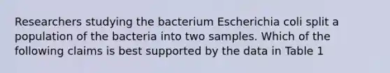 Researchers studying the bacterium Escherichia coli split a population of the bacteria into two samples. Which of the following claims is best supported by the data in Table 1