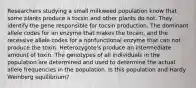 Researchers studying a small milkweed population know that some plants produce a tocsin and other plants do not. They identify the gene responsible for tocsin production. The dominant allele codes for an enzyme that makes the tocsin, and the recessive allele codes for a nonfunctional enzyme that can not produce the toxin. Heterozygote's produce an intermediate amount of toxin. The genotypes of all individuals in the population are determined and used to determine the actual allele frequencies in the population. Is this population and Hardy Weinberg equilibrium?