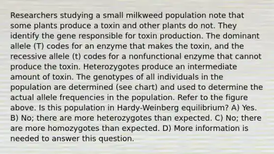 Researchers studying a small milkweed population note that some plants produce a toxin and other plants do not. They identify the gene responsible for toxin production. The dominant allele (T) codes for an enzyme that makes the toxin, and the recessive allele (t) codes for a nonfunctional enzyme that cannot produce the toxin. Heterozygotes produce an intermediate amount of toxin. The genotypes of all individuals in the population are determined (see chart) and used to determine the actual allele frequencies in the population. Refer to the figure above. Is this population in Hardy-Weinberg equilibrium? A) Yes. B) No; there are more heterozygotes than expected. C) No; there are more homozygotes than expected. D) More information is needed to answer this question.