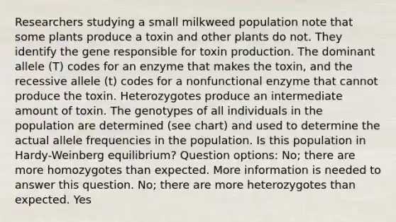 Researchers studying a small milkweed population note that some plants produce a toxin and other plants do not. They identify the gene responsible for toxin production. The dominant allele (T) codes for an enzyme that makes the toxin, and the recessive allele (t) codes for a nonfunctional enzyme that cannot produce the toxin. Heterozygotes produce an intermediate amount of toxin. The genotypes of all individuals in the population are determined (see chart) and used to determine the actual allele frequencies in the population. Is this population in Hardy-Weinberg equilibrium? Question options: No; there are more homozygotes than expected. More information is needed to answer this question. No; there are more heterozygotes than expected. Yes