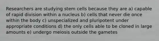 Researchers are studying stem cells because they are a) capable of rapid division within a nucleus b) cells that never die once within the body c) unspecialized and pluripotent under appropriate conditions d) the only cells able to be cloned in large amounts e) undergo meiosis outside the gametes