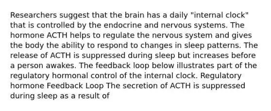 Researchers suggest that the brain has a daily "internal clock" that is controlled by the endocrine and nervous systems. The hormone ACTH helps to regulate the nervous system and gives the body the ability to respond to changes in sleep patterns. The release of ACTH is suppressed during sleep but increases before a person awakes. The feedback loop below illustrates part of the regulatory hormonal control of the internal clock. Regulatory hormone Feedback Loop The secretion of ACTH is suppressed during sleep as a result of