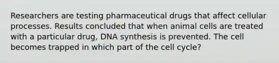 Researchers are testing pharmaceutical drugs that affect cellular processes. Results concluded that when animal cells are treated with a particular drug, DNA synthesis is prevented. The cell becomes trapped in which part of the cell cycle?