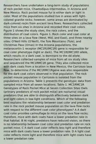 Researchers have undertaken a long-term study of populations of rock pocket mice, Chaetodipus intermedius, in Arizona and New Mexico. Rock pocket mouse fur is either dark or light in color. Most of the populations studied live in areas with light-colored granite rocks; however, some areas are dominated by dark-colored rocks from ancient lava flows. Researchers collected mice from six sites in Arizona and recorded their coat colors. Figure 1 shows the study sites, the rock colors, and the distribution of coat colors. Figure 1. Rock color and coat color at three sites on a lava flow (West, Mid, and East), and three nearby sites: O'Neill Hills (O'Neill), the Tule Mountains (Tule), and Christmas Pass (Xmas) In the Arizona populations, the melanocortin-1 receptor (MC1R)(MC1R) gene is responsible for coat color phenotype (light or dark). The MC1RDMC1R⁢D allele, which results in a dark coat, is dominant to the dd allele. Researchers collected samples of mice from all six study sites and sequenced the MC1RMC1R gene. They also collected mice with dark coats from a location in New Mexico, the Carrizozo lava flow, to determine if the MC1RMC1Rgene was also responsible for the dark coat colors observed in that population. The rock pocket mouse population in Carrizozo is isolated from the populations in Arizona. Table 1 presents the genotypic data from sampled mice from all seven locations. Table 1. MC1RMC1R Genotypes of Rock Pocket Mice at Seven Collection Sites Owls (primary predators of rock pocket mice) are nocturnal visual predators that are able to distinguish effectively between dark and light colors in low-light conditions. Which of the following best explains the relationship between coat color and predation rate in the rock pocket mouse population on the lava flow rocks with respect to the different coat color phenotypes? A A dark coat color provides camouflage to mice on the lava flow rocks; therefore, mice with dark coats have a lower predation rate in that habitat. B At night, predators have reduced vision, so there is no relationship between coat color and predation rate on rock pocket mice. C A dark coat color reflects less light and therefore mice with dark coats have a lower predation rate. D A light coat color reflects more light and therefore mice with light coats have a lower predation rate.